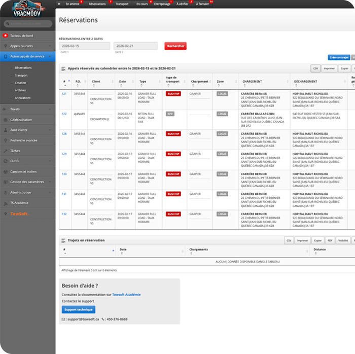 Calendrier des réservations dans MoovSoft
